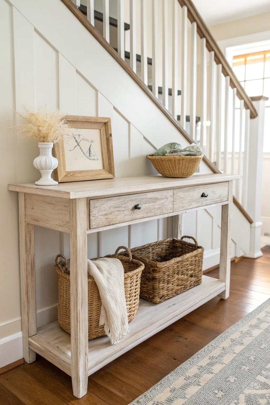 Under the stairs, a distressed wood shelf and one basket create an airy shabby-chic entry nook.