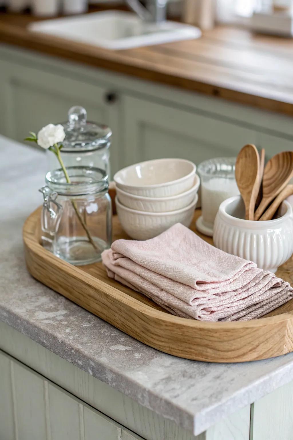 A pretty-clutter tray moment: vintage crockery and wooden utensils in soft, styled harmony.