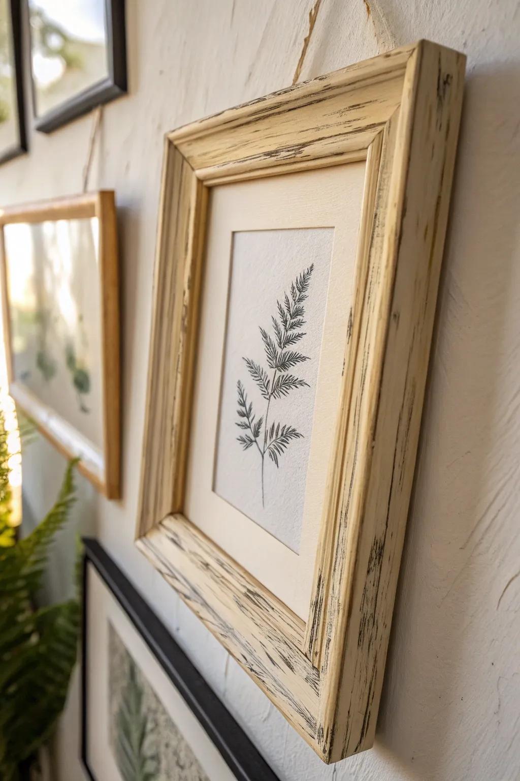 Creamy painted wood frame with botanical print—perfect anchor for a shabby chic gallery wall.