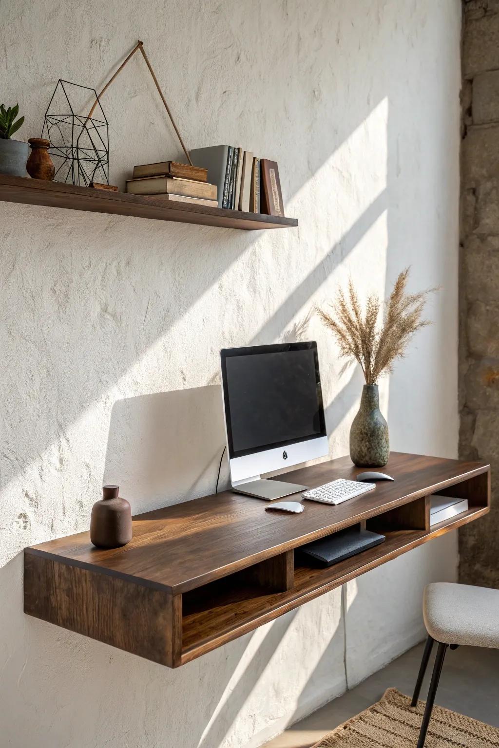 A dark stained floating shelf pops against a light wall for an intentional, high-end desk look.