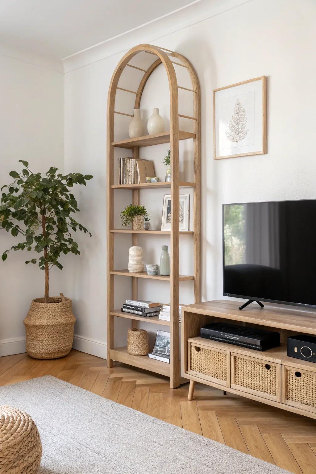 Arched oak shelf tower beside the TV—soft curves that elevate a minimalist media wall.