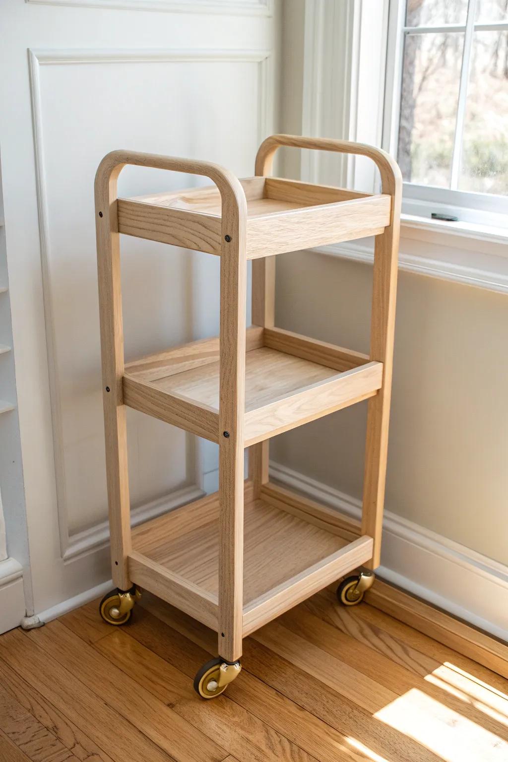 A birch plywood rolling shelf cart that pulls deep-corner storage out like a drawer.