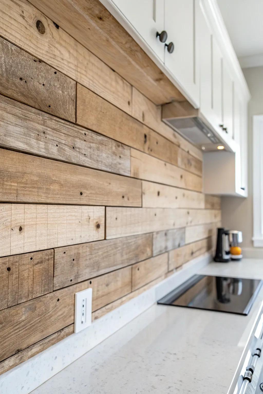 Reclaimed shiplap backsplash: silky-smooth, sealed, and rich with knots and nail-hole charm.