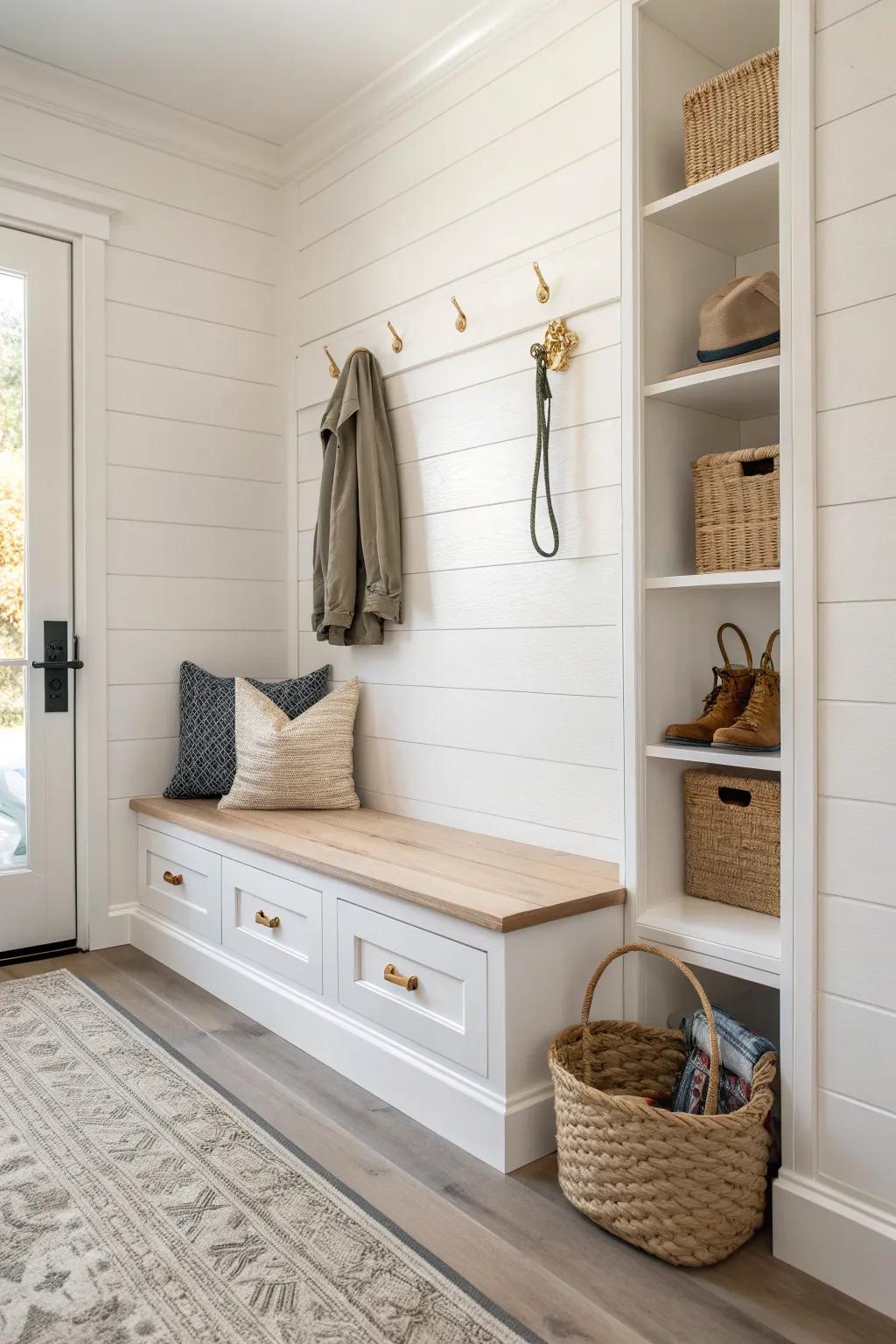 Shiplap-wrapped bench front with hidden lift-up storage—minimal, warm, and beautifully practical.