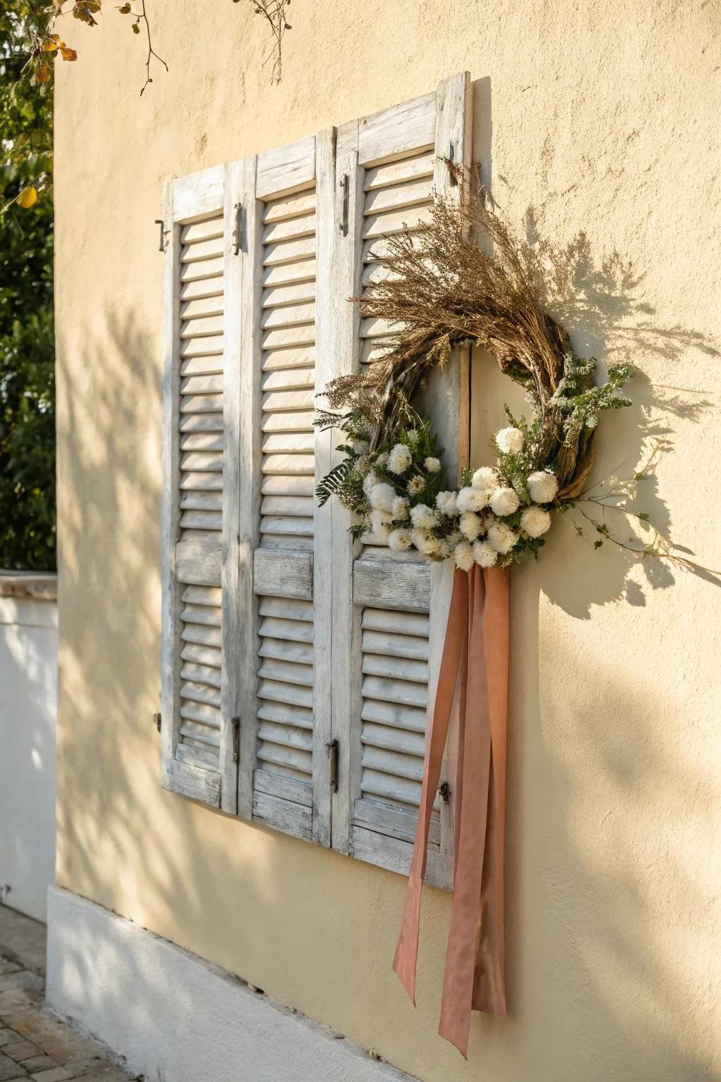 One shutter set, endless seasons—swap wreaths and ribbons for instant cozy wall charm.