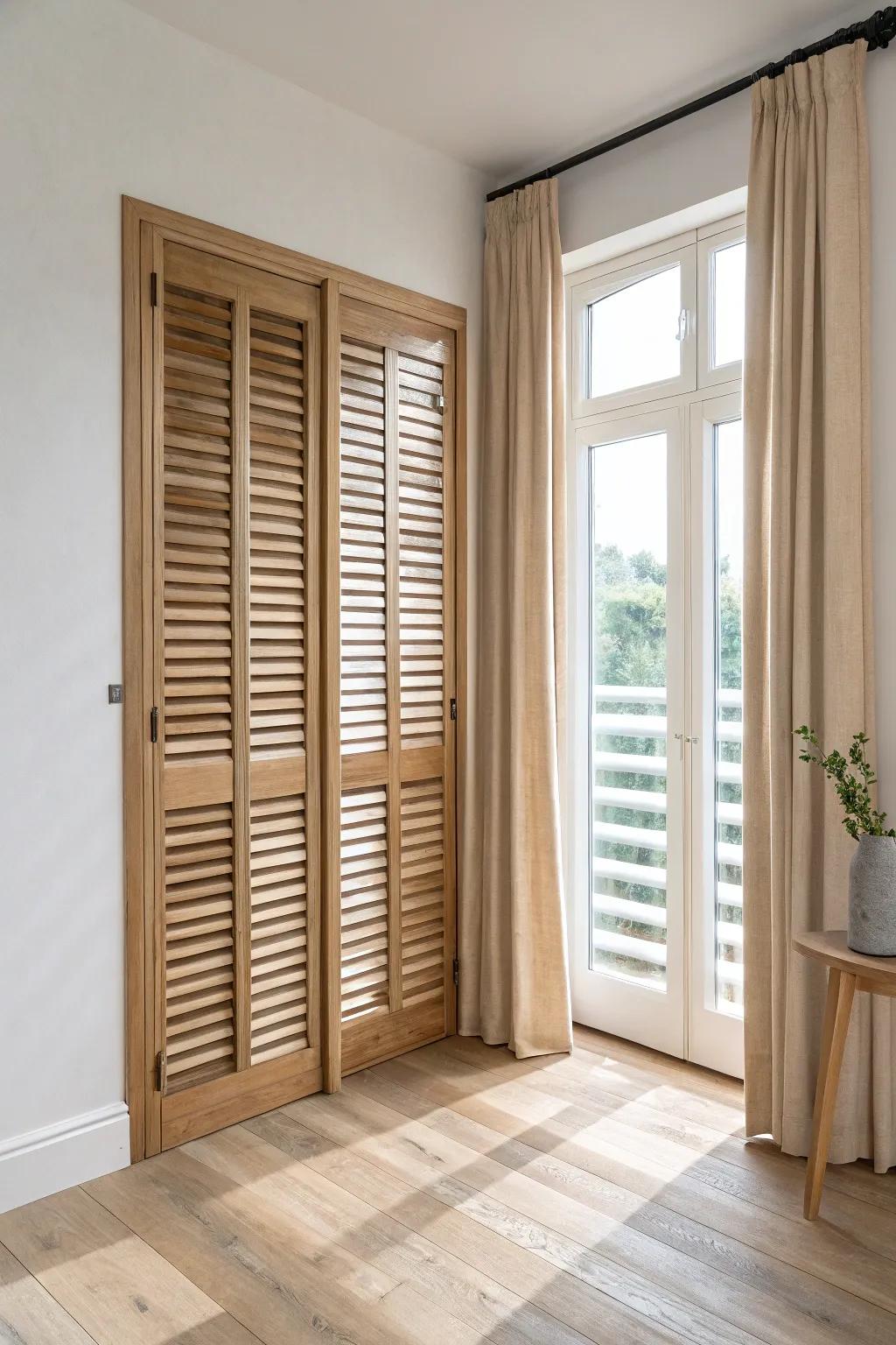 Wide-louver wooden shutters that cast bold light bands for a calm, modern living room.
