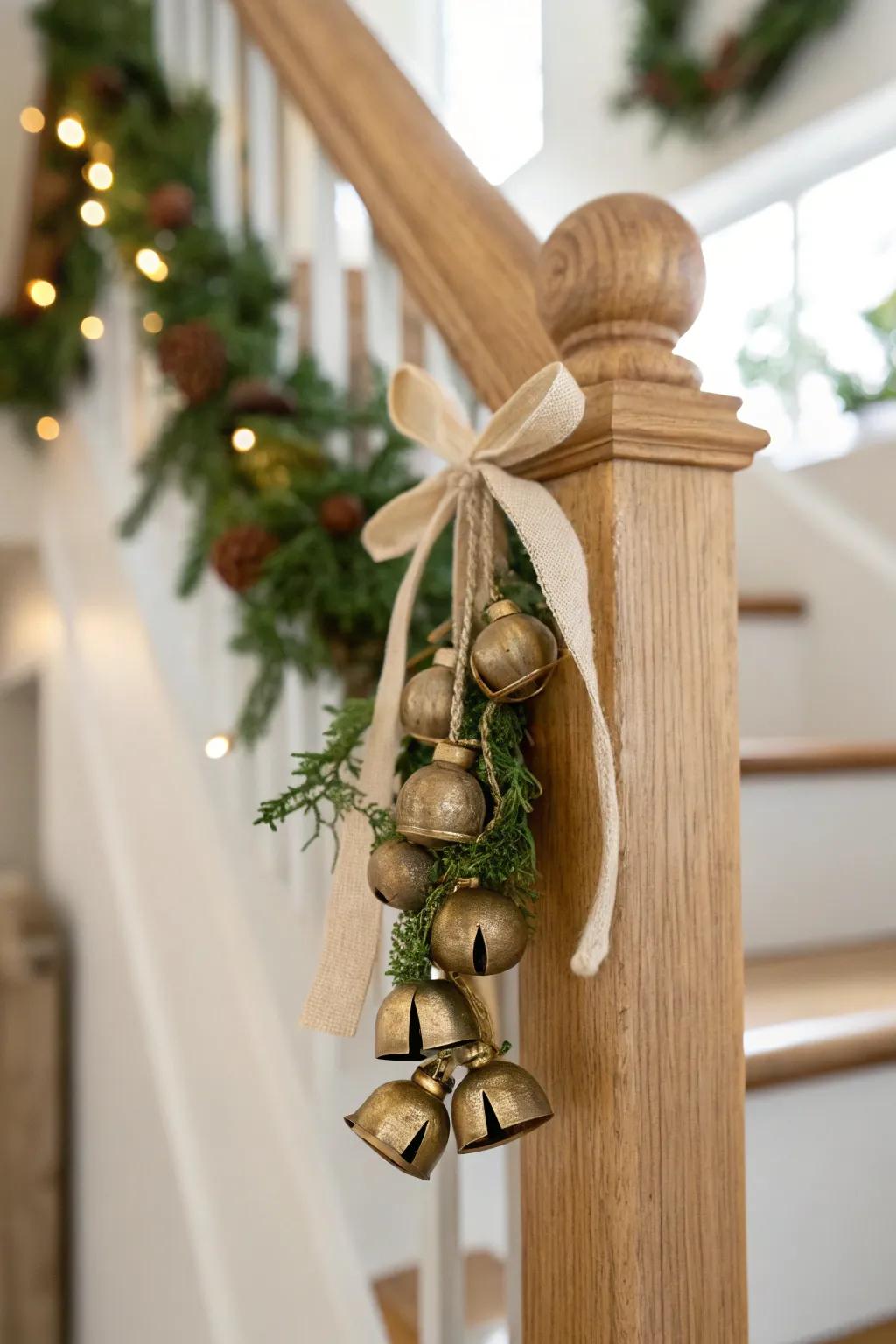Linen-tied jingle bell cluster on a light oak newel—minimal, warm, and softly festive.