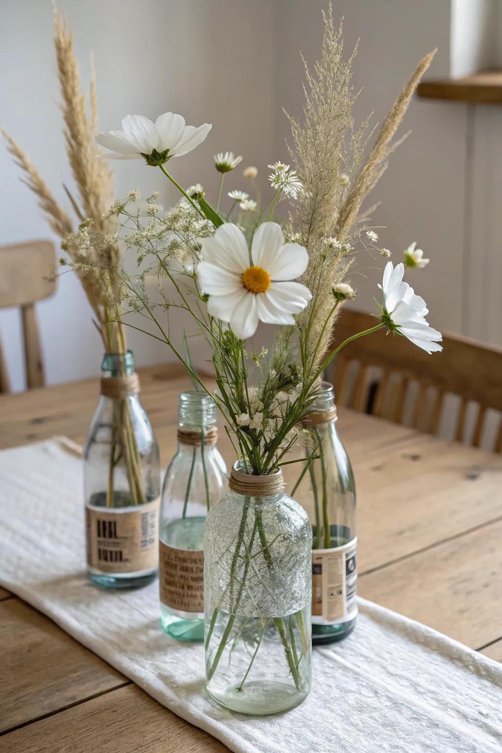 Upcycled bottles and jars as airy vases—simple, sweetly collected wedding table decor.
