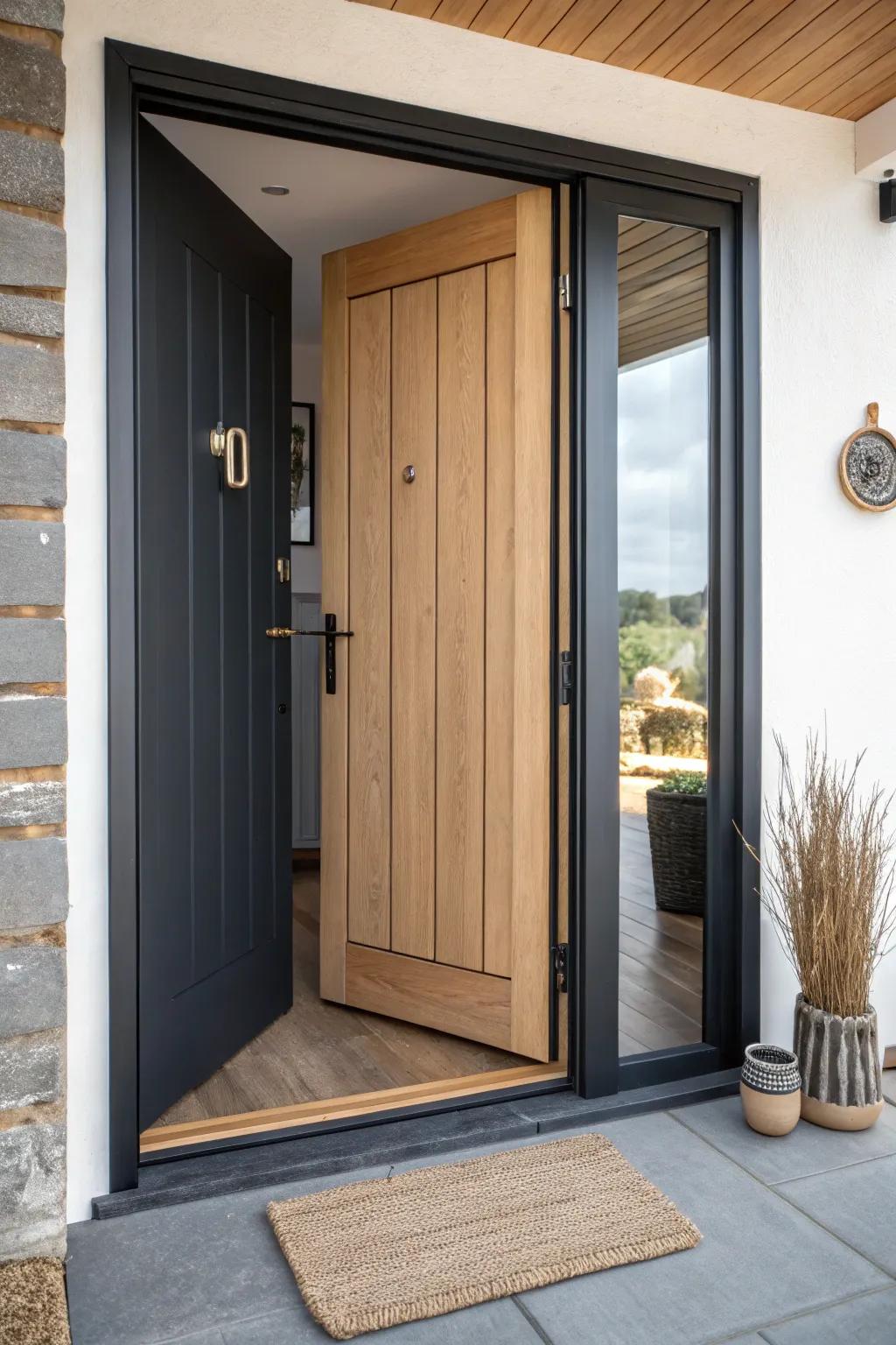 Two-tone single front door: bold exterior contrast, calm interior warmth—simple and custom.