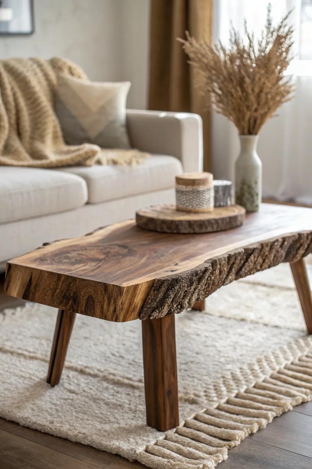 Live-edge walnut coffee table: rugged grain, soft neutrals, and cozy lodge-luxe contrast.