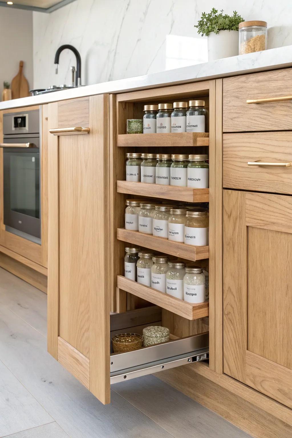Skinny slide‑out pantry with lipped shelves—jars and cans lined up, no clatter-slide.