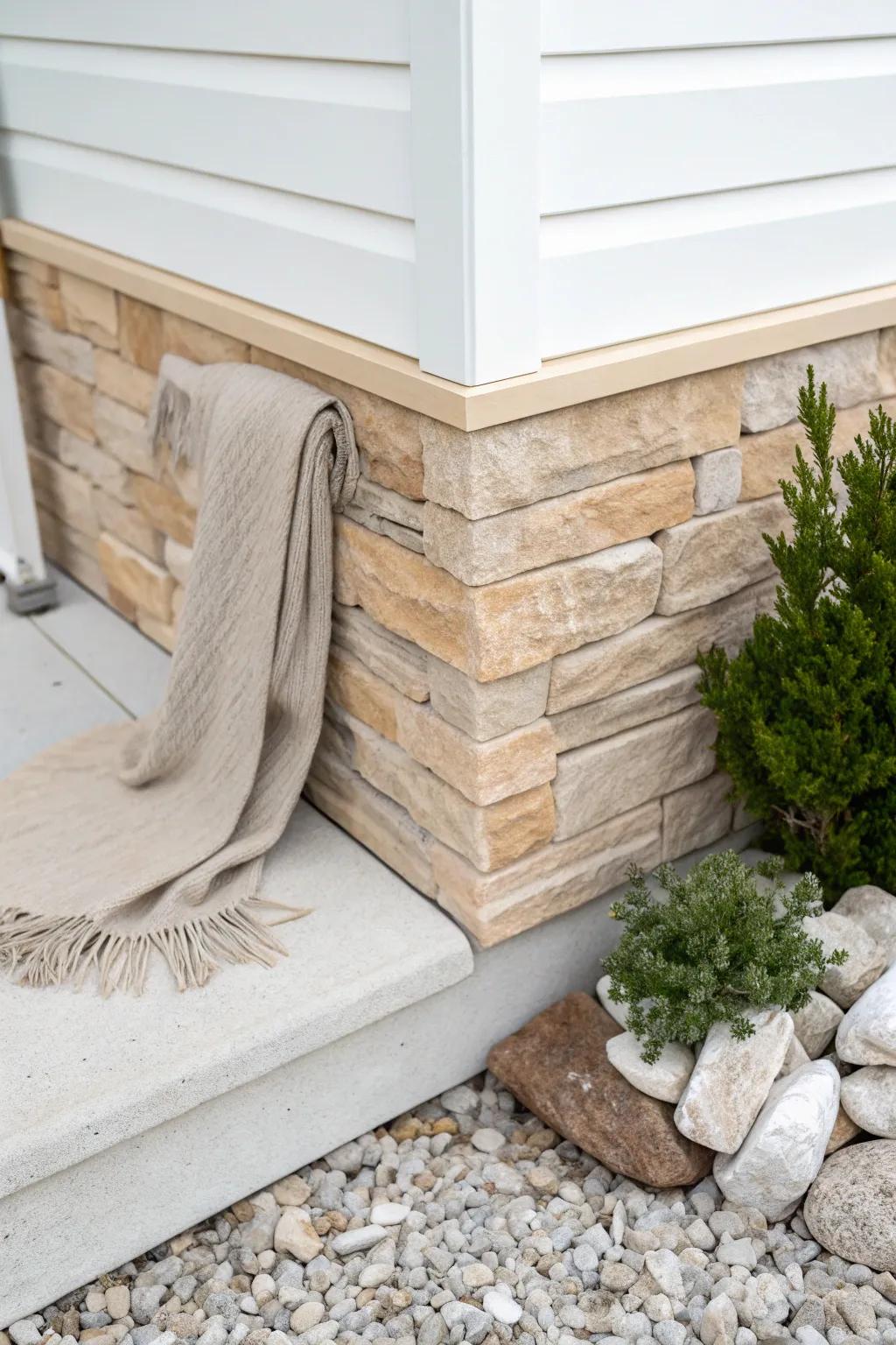 Faux stone skirting adds instant weight to a pier-and-beam home—clean, grounded, and chic.