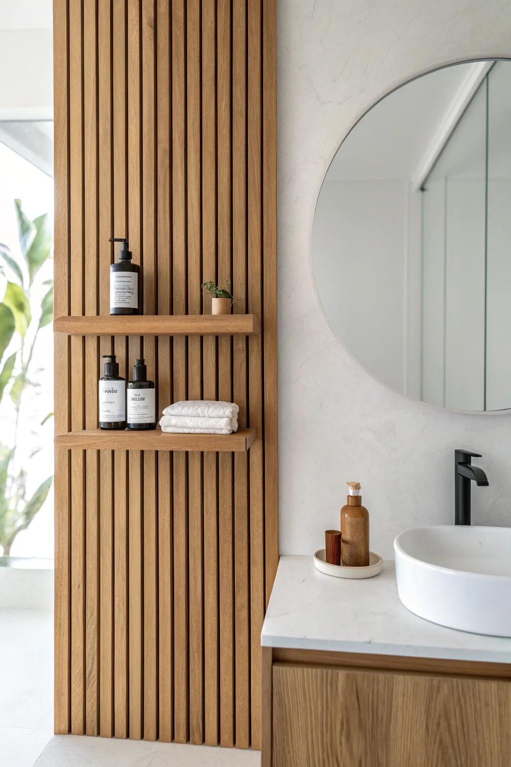 Warm oak slat wall with crisp white accents—two wood tones that feel calm and cohesive.