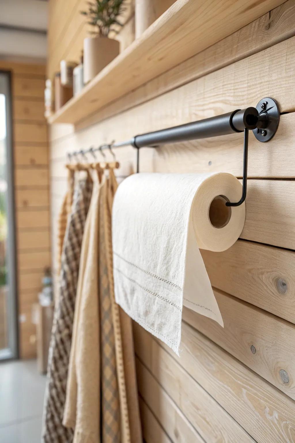 A sleek slat wall bar keeps paper towels and shop rags within reach—simple, calm, and tidy.