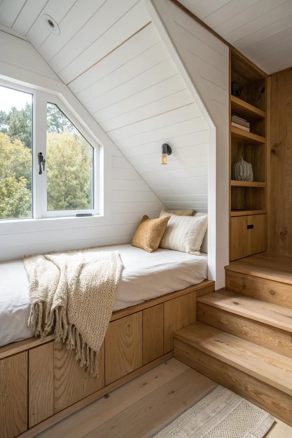 Dormer bump-out magic: a bright window nook that makes a tiny sleeping loft feel spacious.