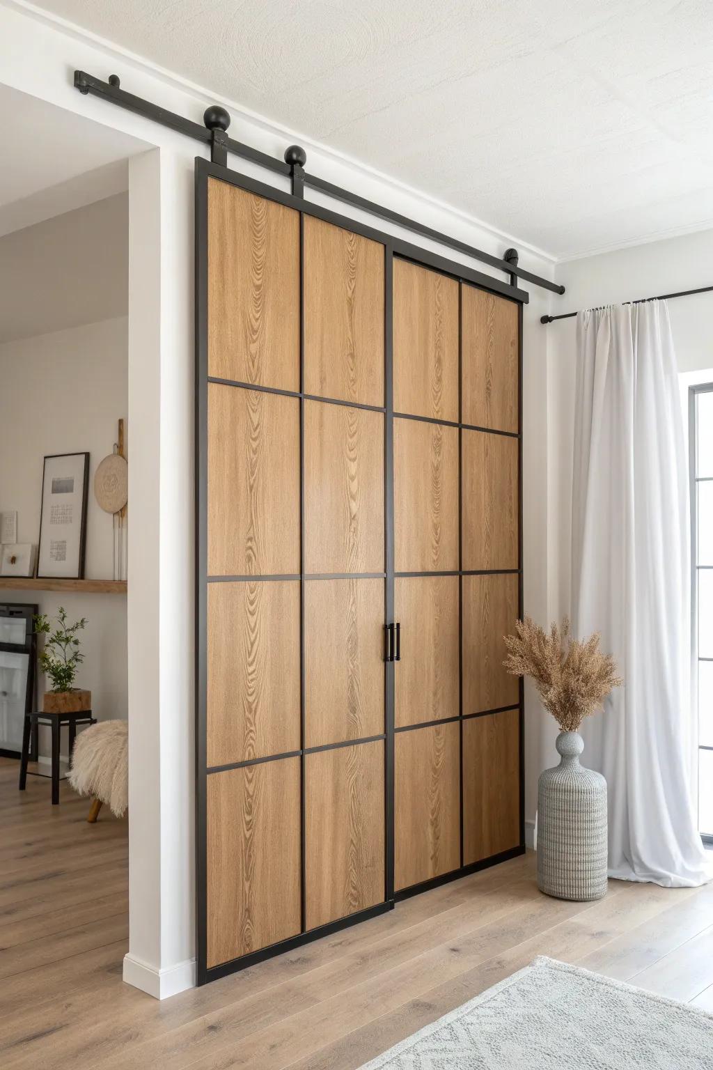 Warm oak + matte black grid: a sliding wall that feels modern, minimal, and handcrafted.