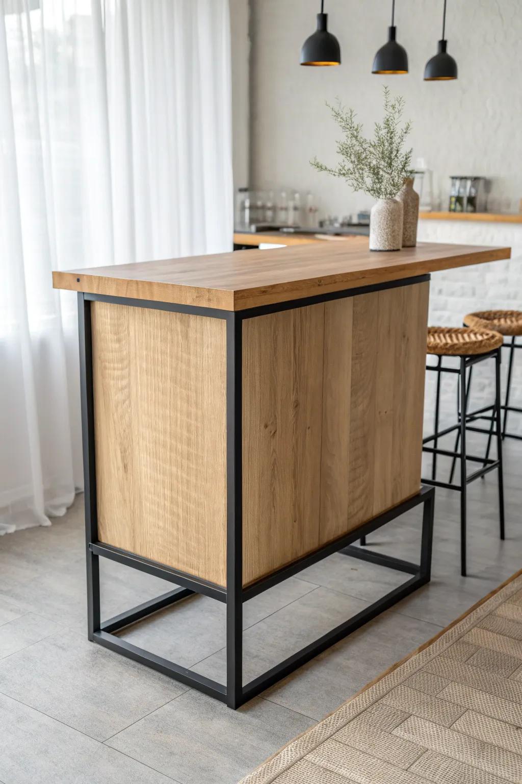 Slim oak bar top on a sleek black metal base—light, minimal, and beautifully high-contrast.