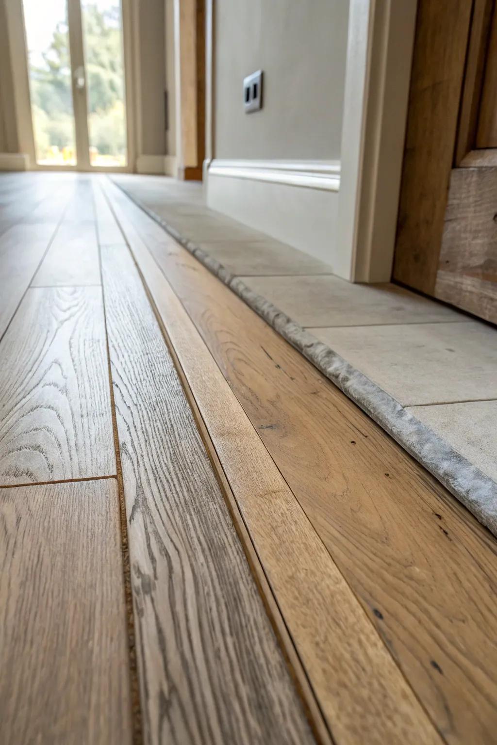 Define zones without walls: a warm reclaimed-wood to microcement floor transition in a small barn.