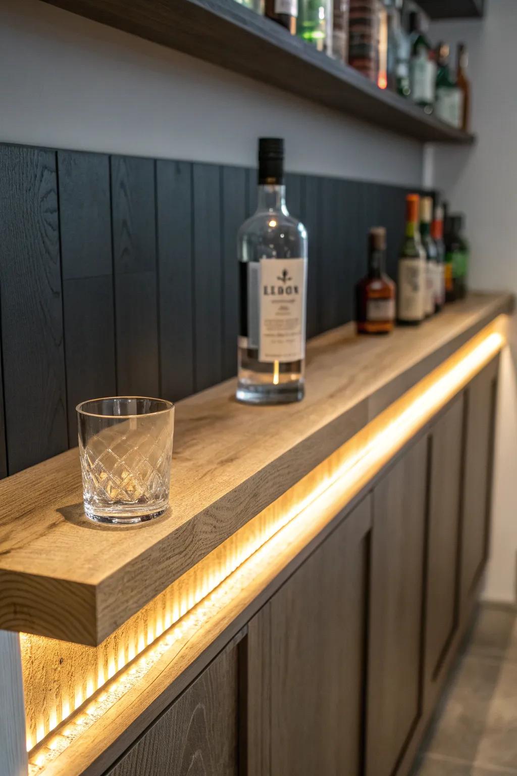 Warm under-shelf lighting adds a cozy bar glow and makes wood grain look richer at night.