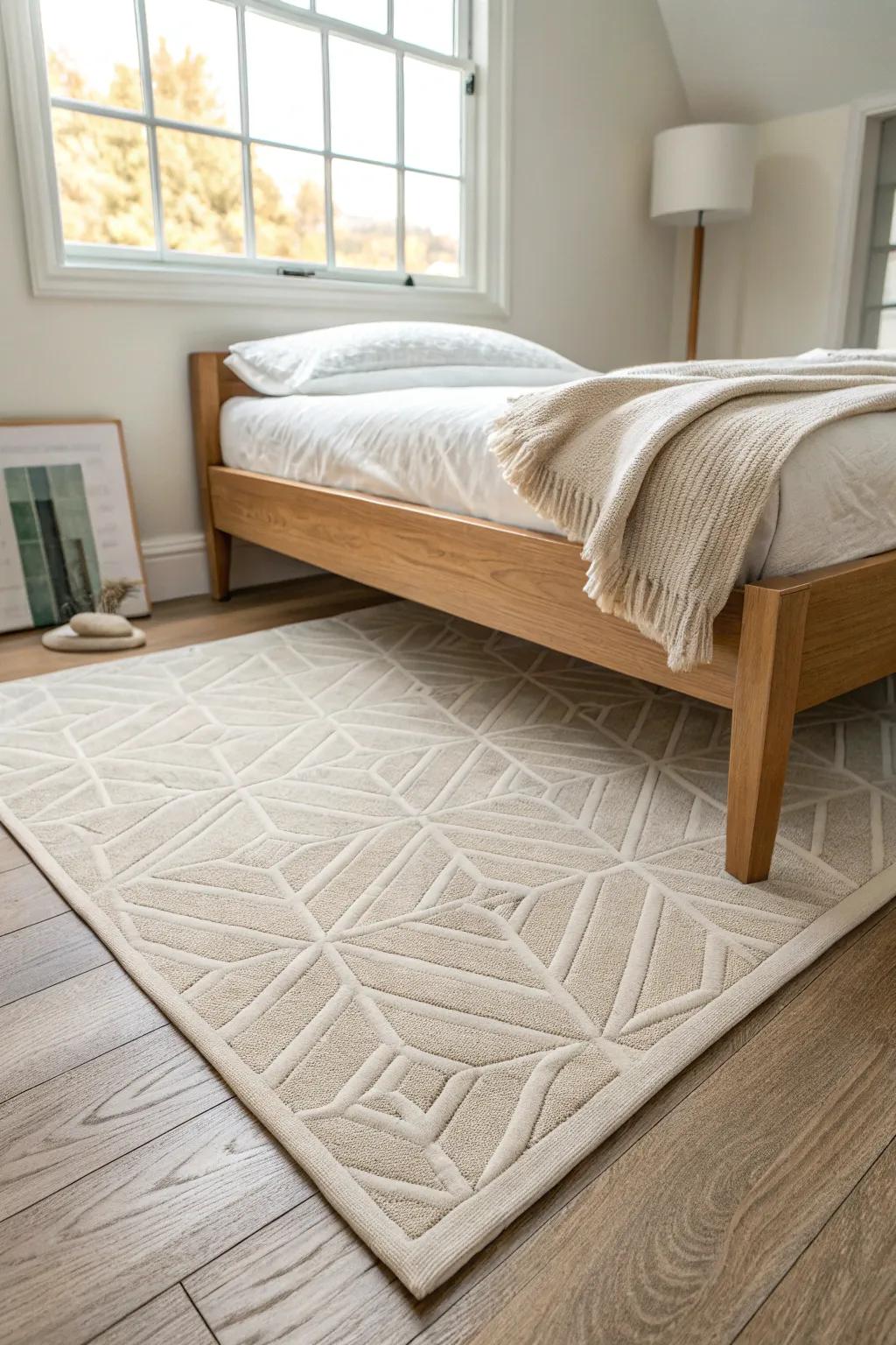 Cozy carpet tiles add softness and a subtle pattern—perfect for a tiny bedroom floor.