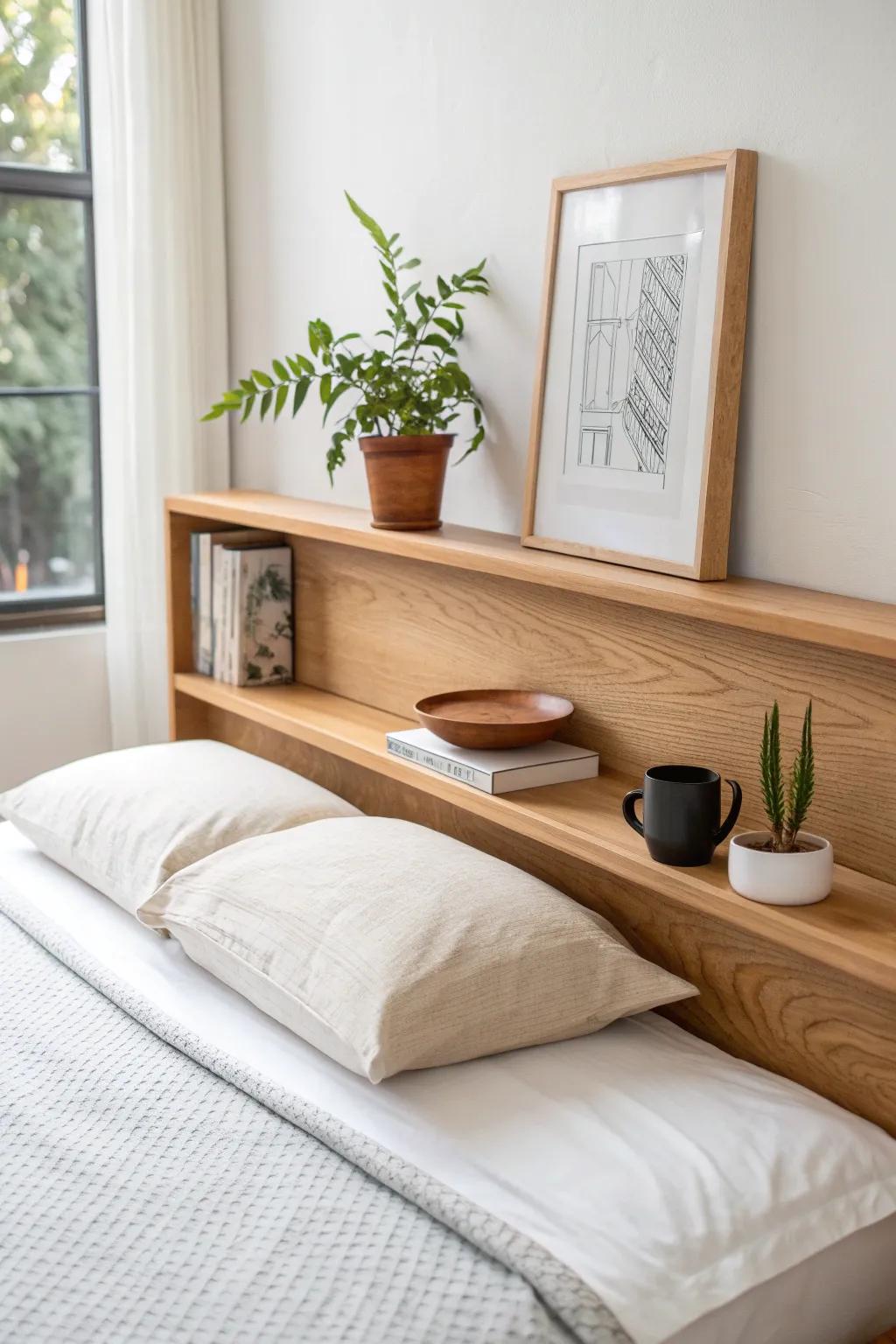 A slim oak headboard shelf that adds style and storage without crowding a small bedroom.