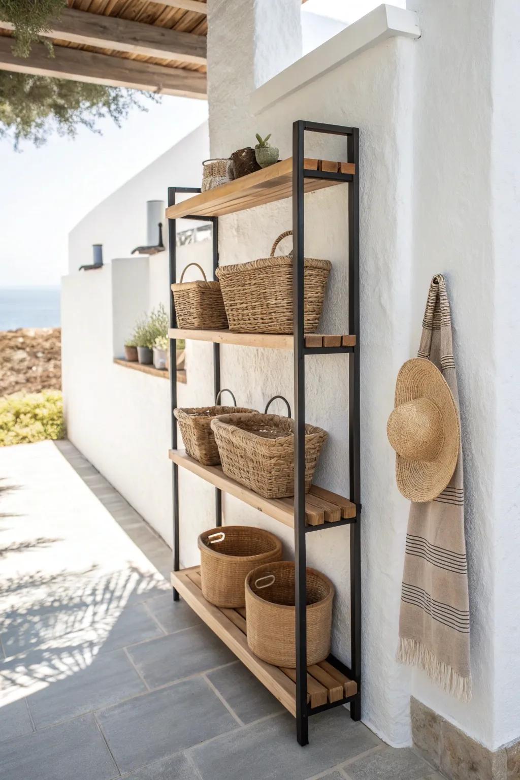Slim open shelves keep small breezeways airy—baskets hide clutter, hats stay within reach.