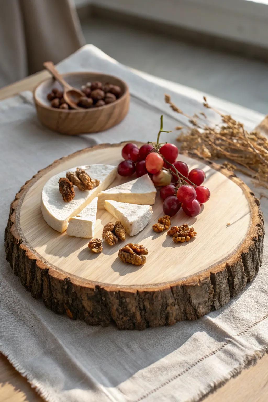 Round wood-slice mini cheese board: bark edge, cheese wedges, grapes, and nuts—so cute.
