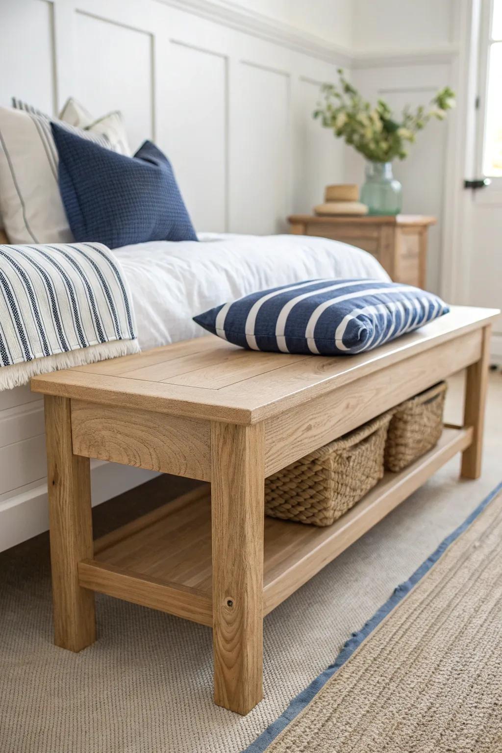 One blue-and-white striped pillow gives a clean nautical nod against warm handcrafted oak.