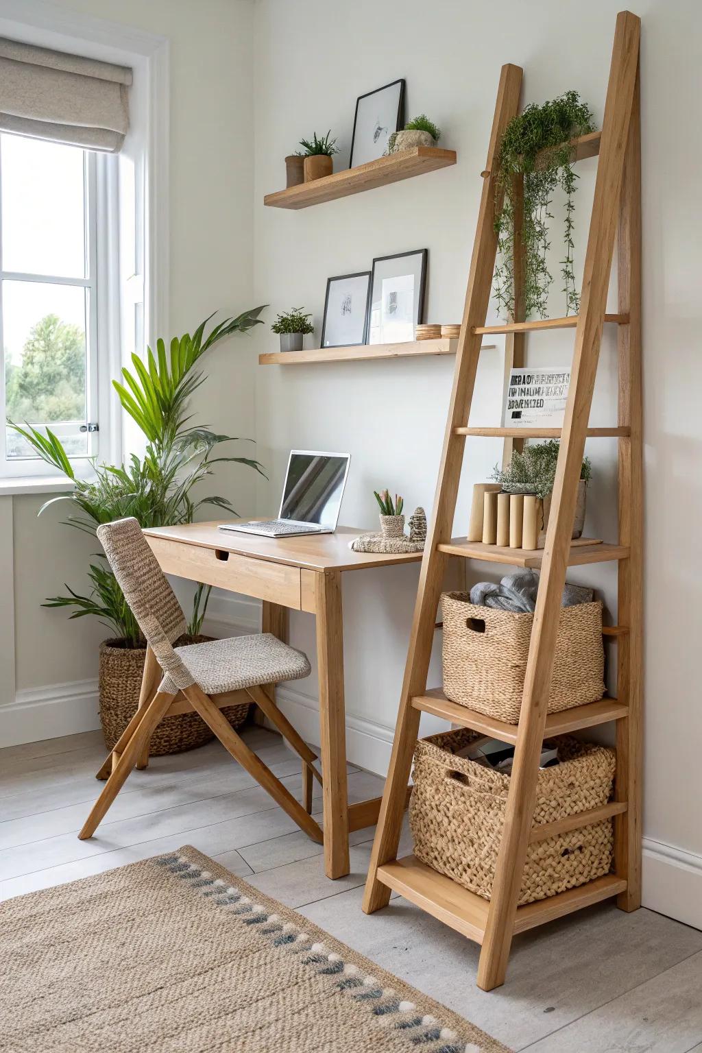 Corner ladder shelf desk combo: vertical storage + airy Scandinavian calm for tiny spaces.