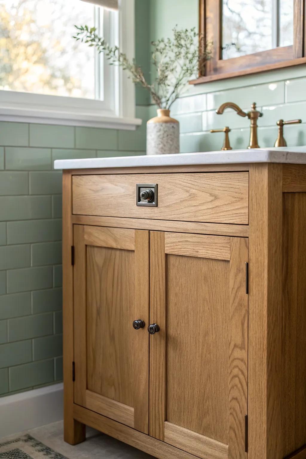 Earth-tone paint and creamy white tile make this small Craftsman bath feel airy and cozy.