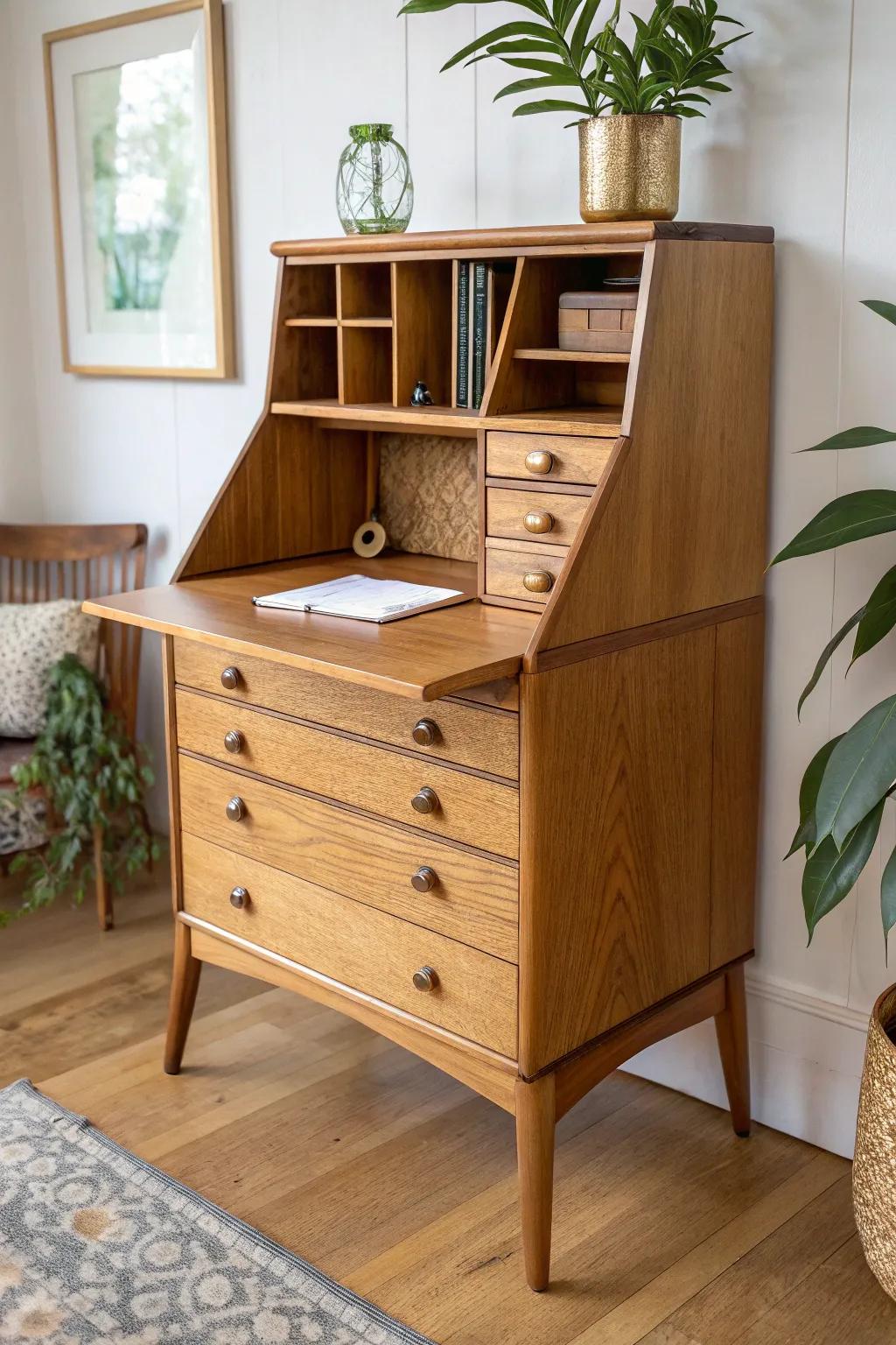 A slim secretary desk makeover—flip-down workspace, fresh oak shelves, and brass details.