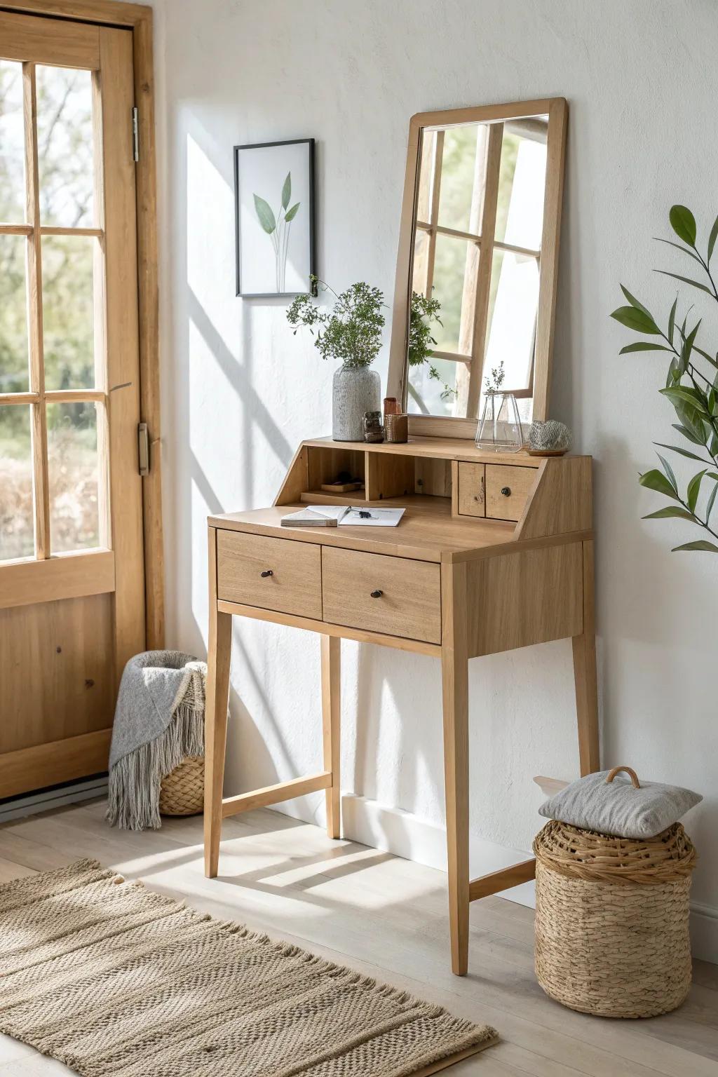 Small dressing table idea: a mirrored cabinet above a mini oak table for hidden storage.
