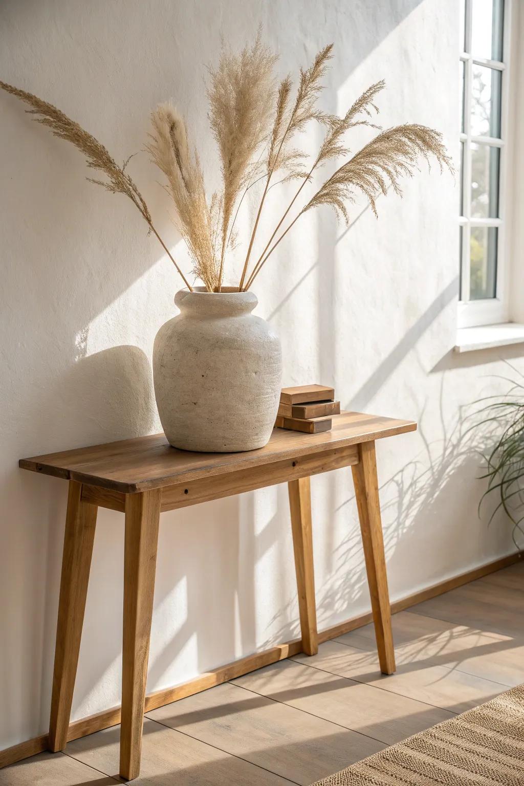 One oversized vase with airy branches makes a small entry table feel styled and serene.
