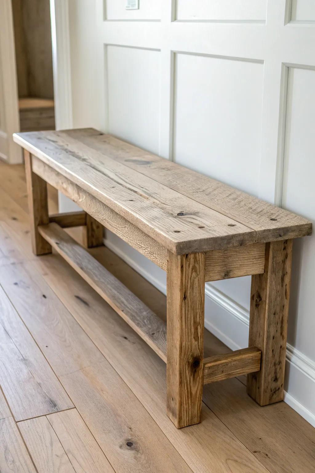 Rustic reclaimed wood bench—warm character, visible knots, and a clean minimalist shape.