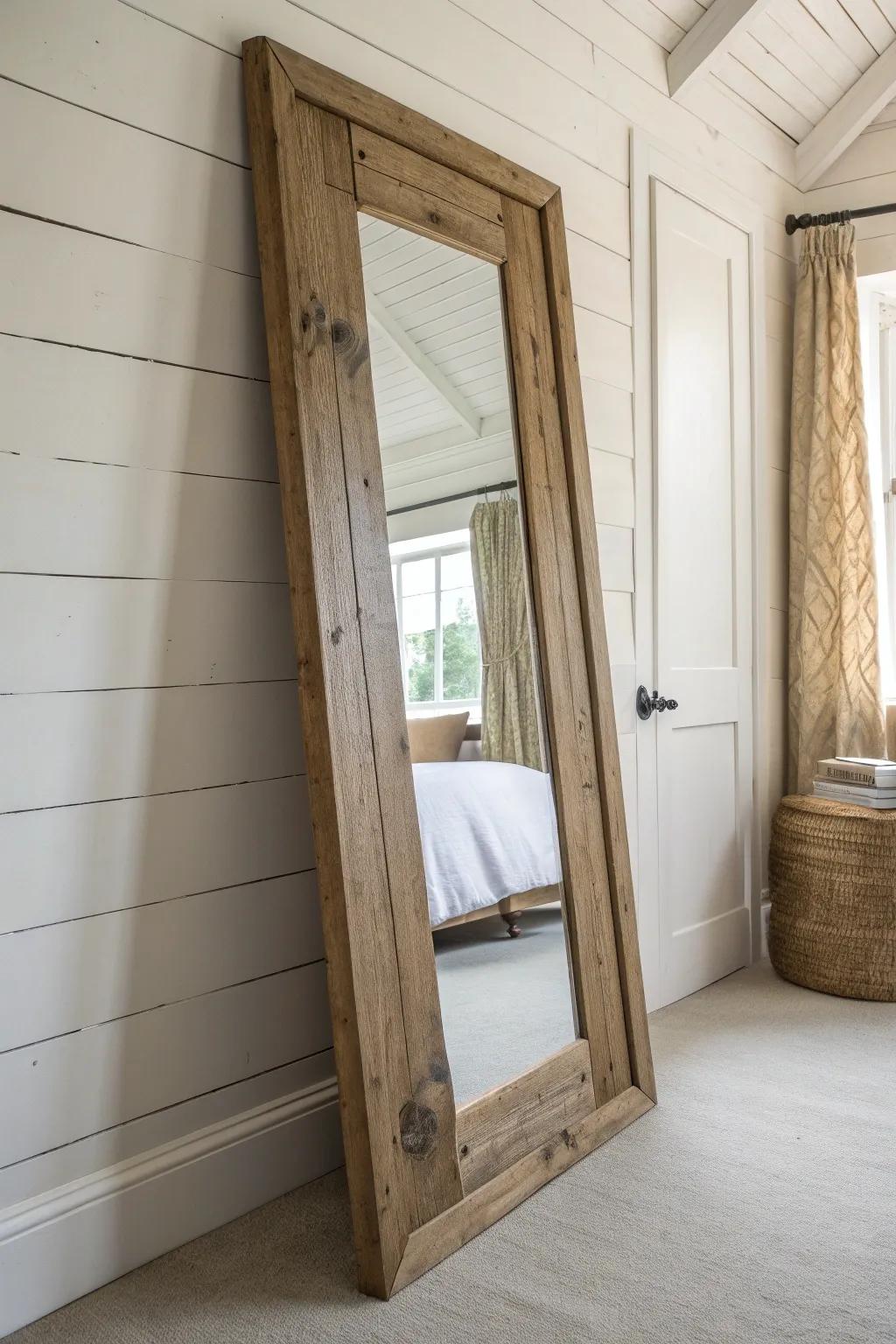 A weathered-wood framed mirror that doubles the light and makes a small bedroom feel bigger.