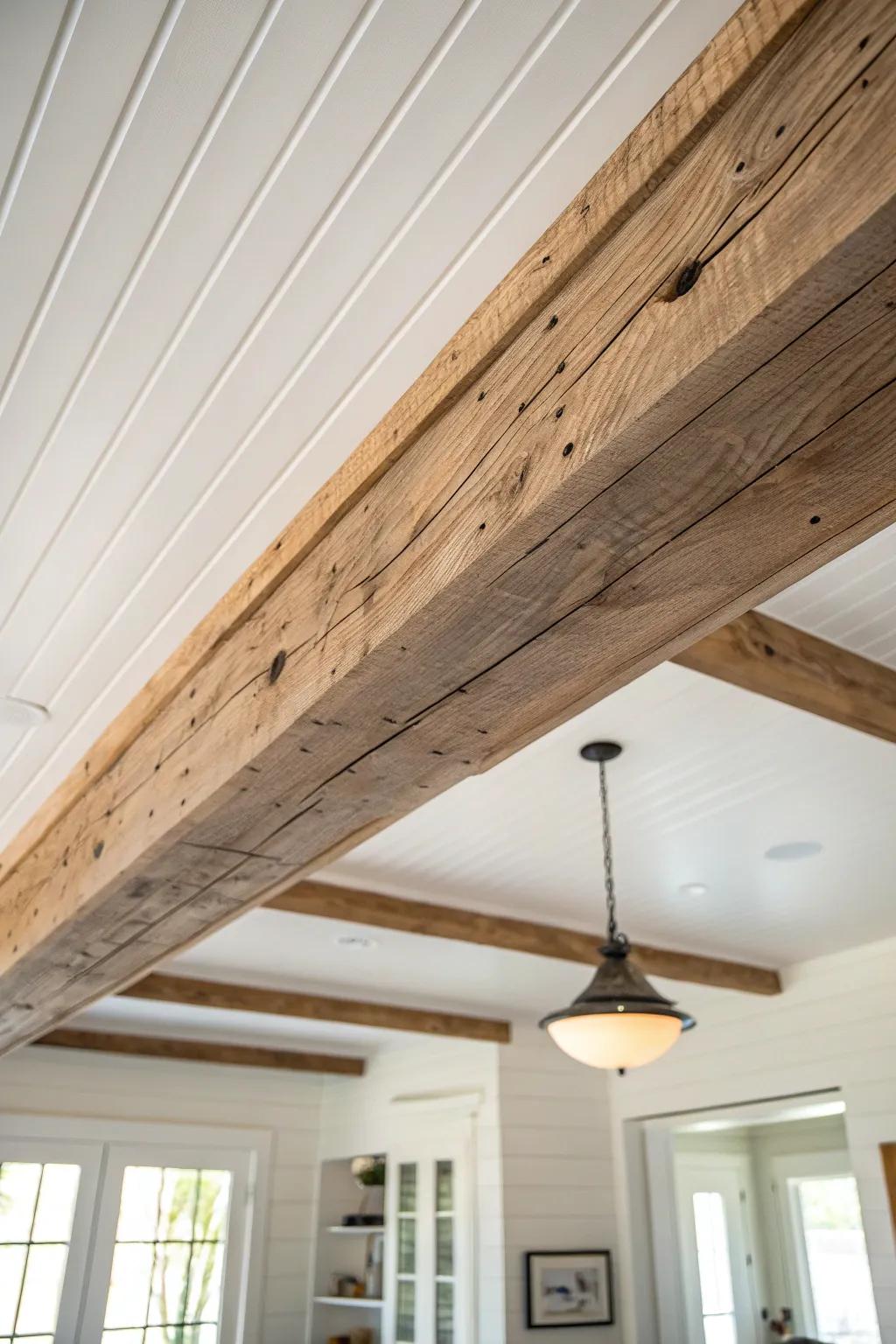 Faux exposed wood beams draw the eye upward—an easy way to make small farmhouse ceilings feel taller.
