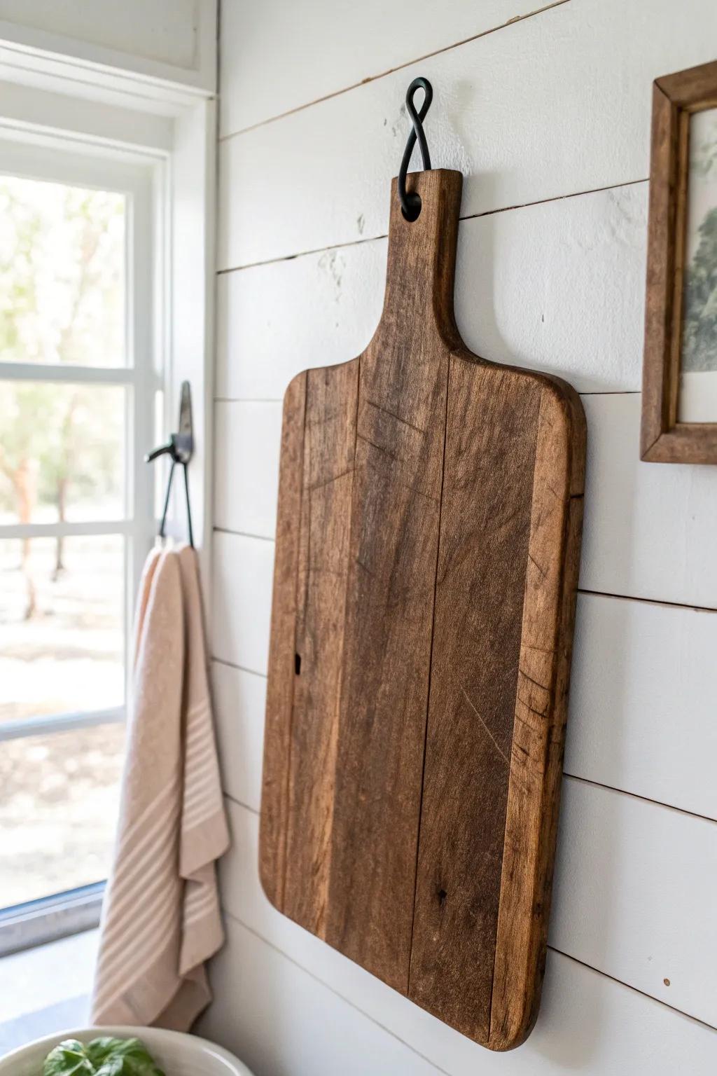 Thrifted cutting board on a simple hook—farmhouse wall art that saves counter space.