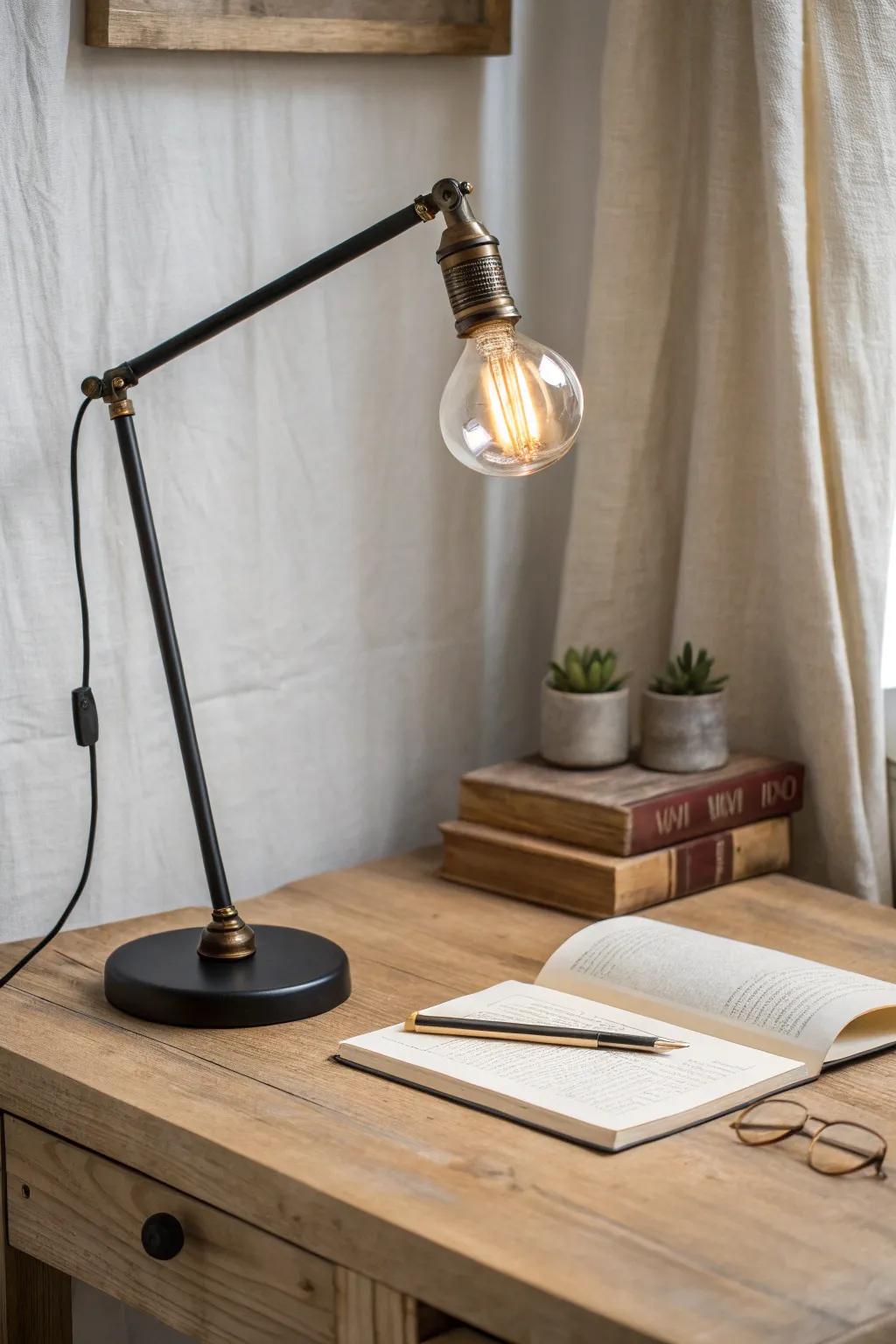 Warm metal swing-arm lamp with an amber glow—cozy task lighting for a small farmhouse office.