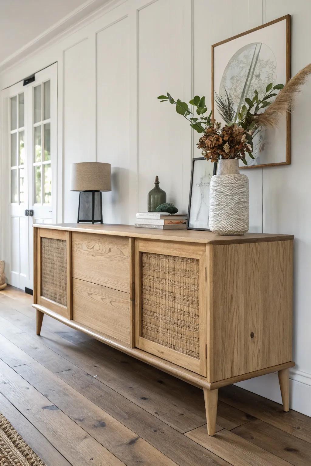 A skinny salvaged-wood sideboard adds storage and a grounded backdrop without crowding the flow.
