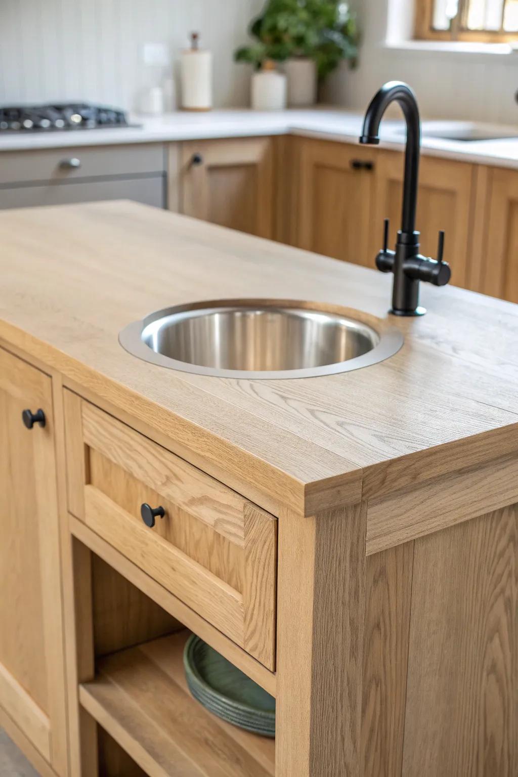 A petite prep sink in the island keeps your small L-shaped kitchen flowing while you cook.