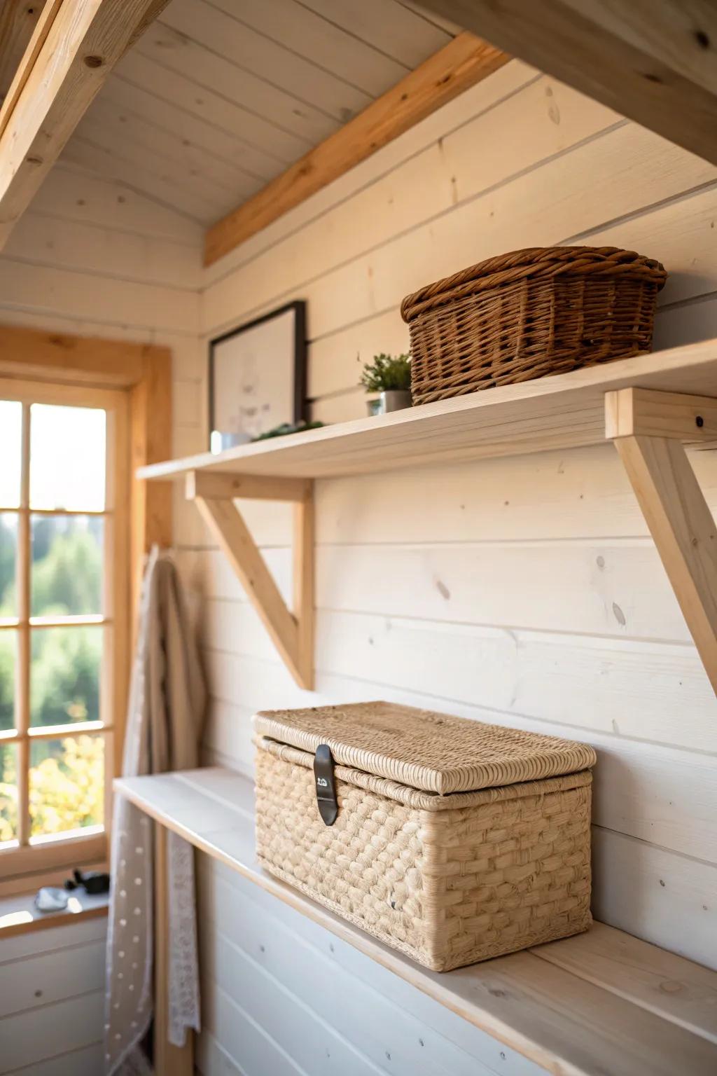 Rafter shelf + woven bin storage: keep your shed man cave open, tidy, and stylish.
