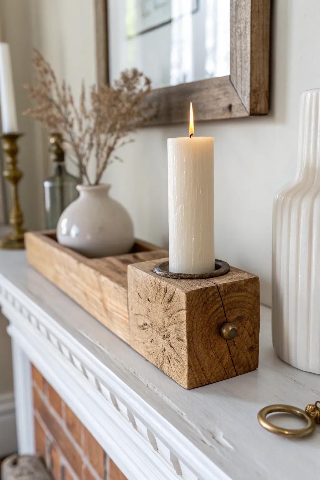 Small mantel, big texture: rough oak, smooth ceramic, and a whisper of brass shine.