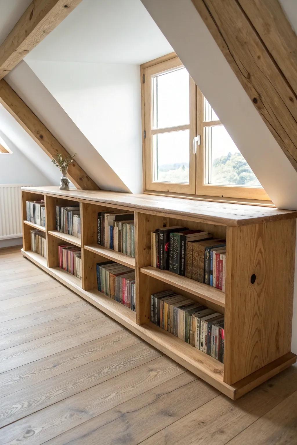 Attic knee-wall shelving: a low, handmade bookcase that turns sloped ceilings into cozy library space.