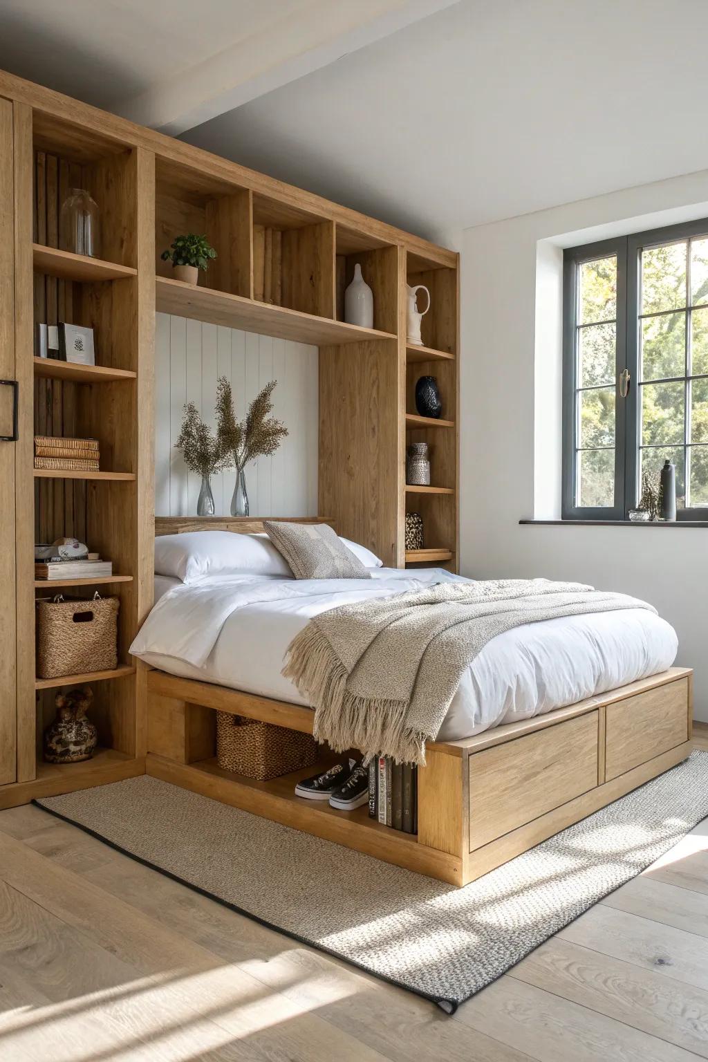 A raised platform bed with open shelves creates privacy while keeping your small room airy.