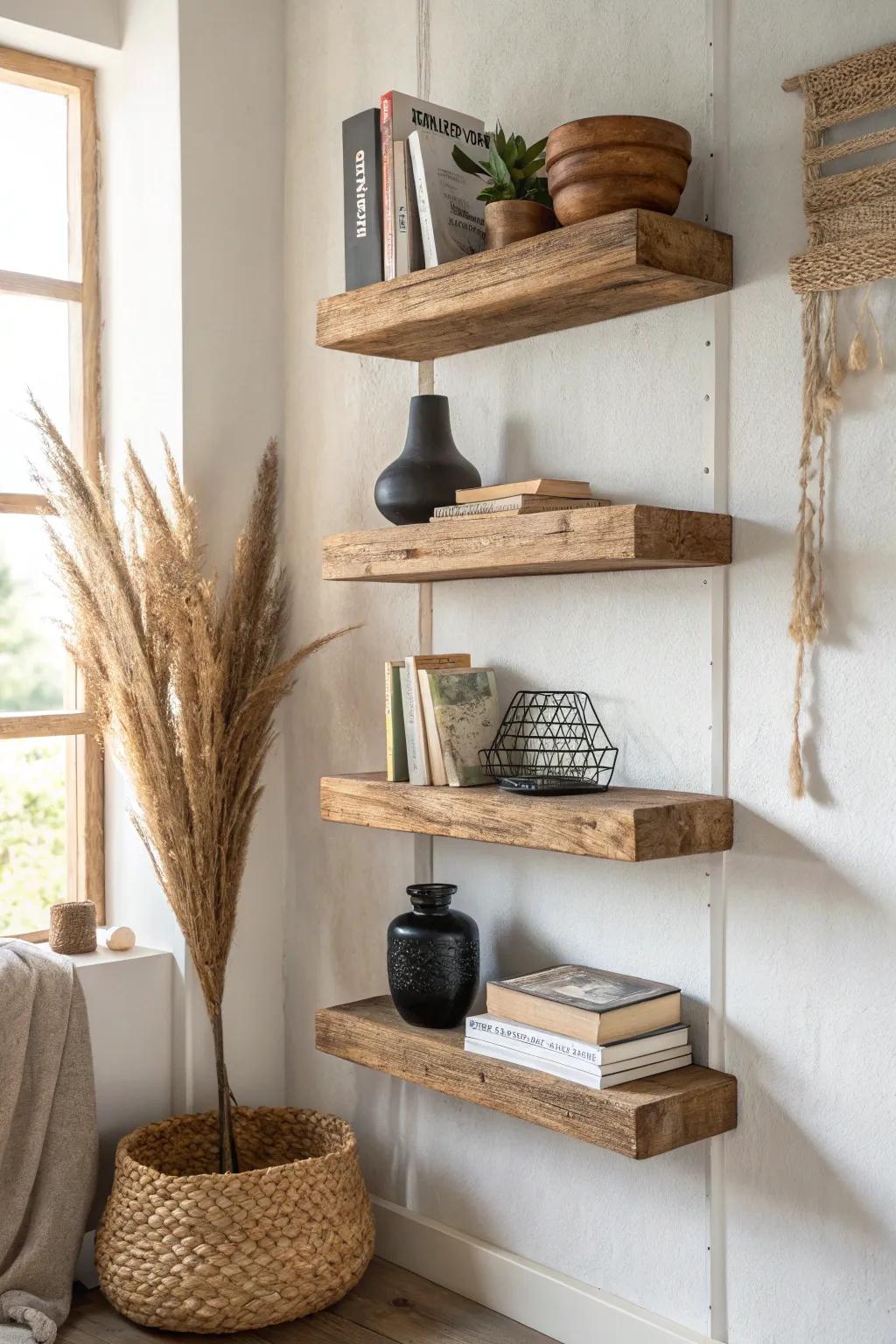 Go vertical with thick wood floating shelves—rustic warmth, airy storage, and clean contrast.