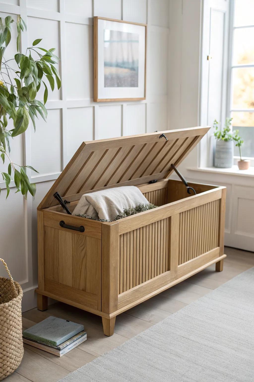 Airy slat-sided storage bench with lift lid—modern, minimal, and perfect for small bedrooms.