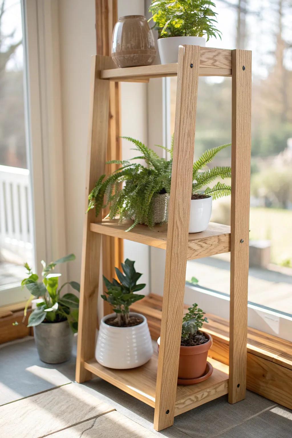 A slim oak plant shelf creates a fresh green wall vibe—sunroom energy without desk clutter.