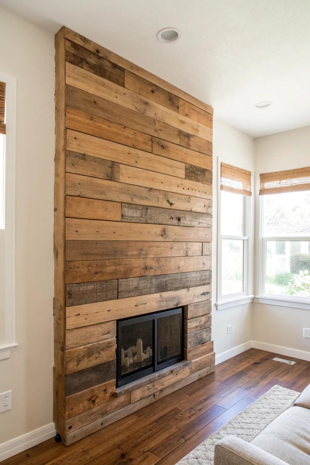 Reclaimed wood accent wall: instant cabin warmth for a small living room—no extra décor needed.