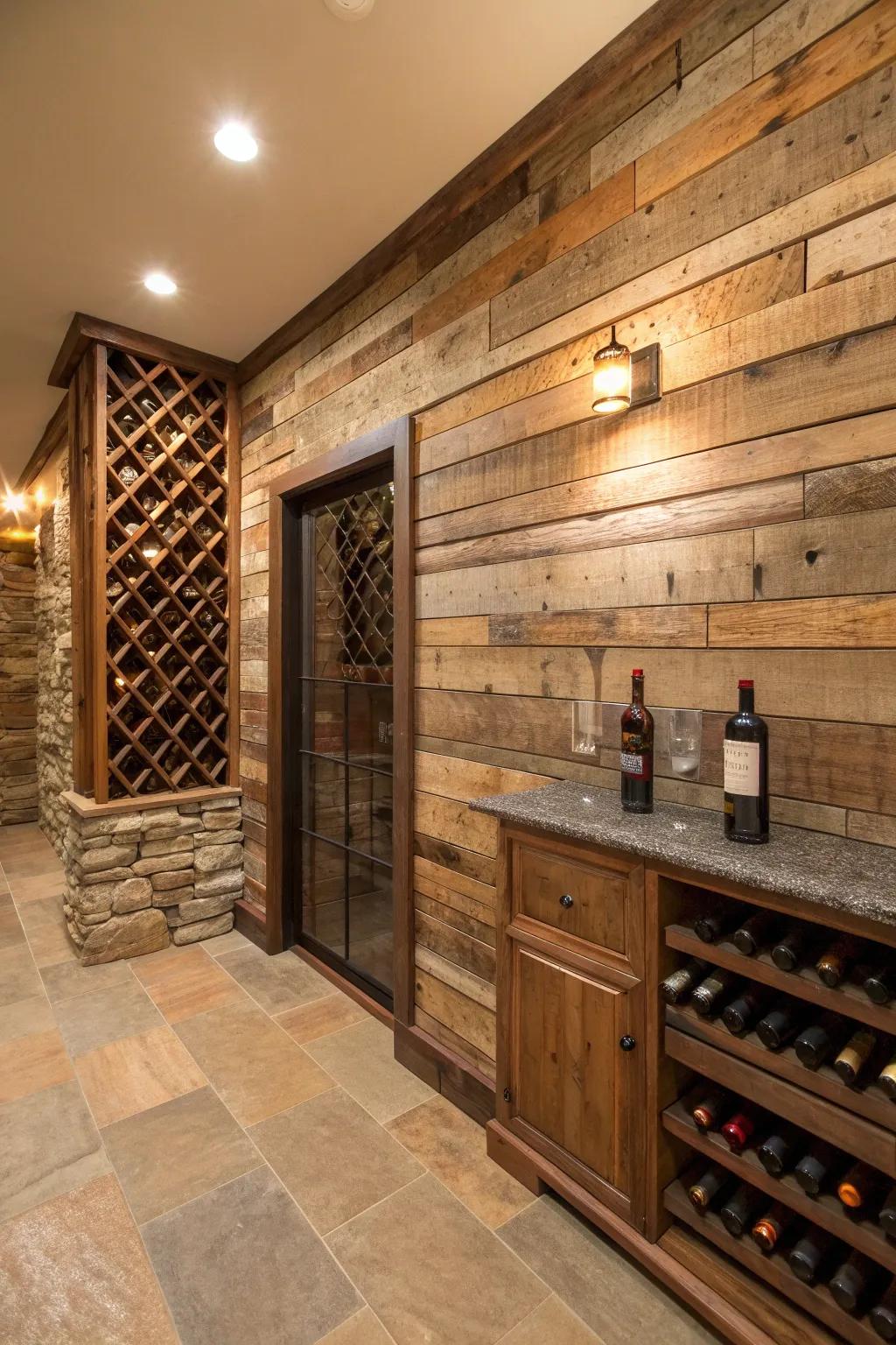 Layered reclaimed wood wall brings cozy cave vibes to a small, minimalist wine tasting nook.