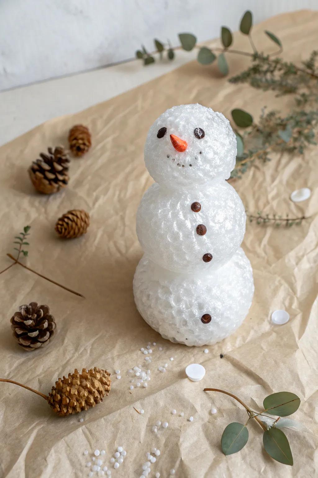 Transform packing materials into a minimalist snowman masterpiece with this bubble wrap craft!
